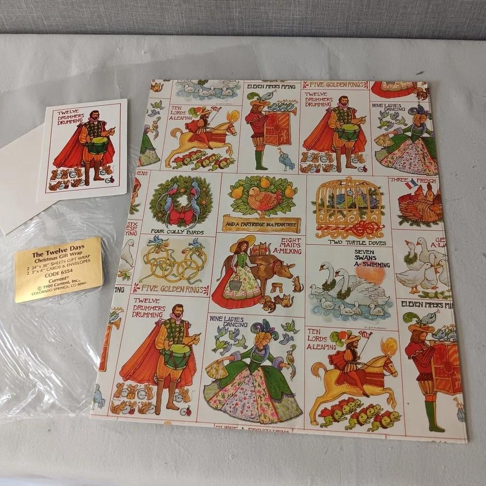 Current The Twelve Days Christmas Gift Wrap 1980 Vintage 24x30 Sheet 1 Card